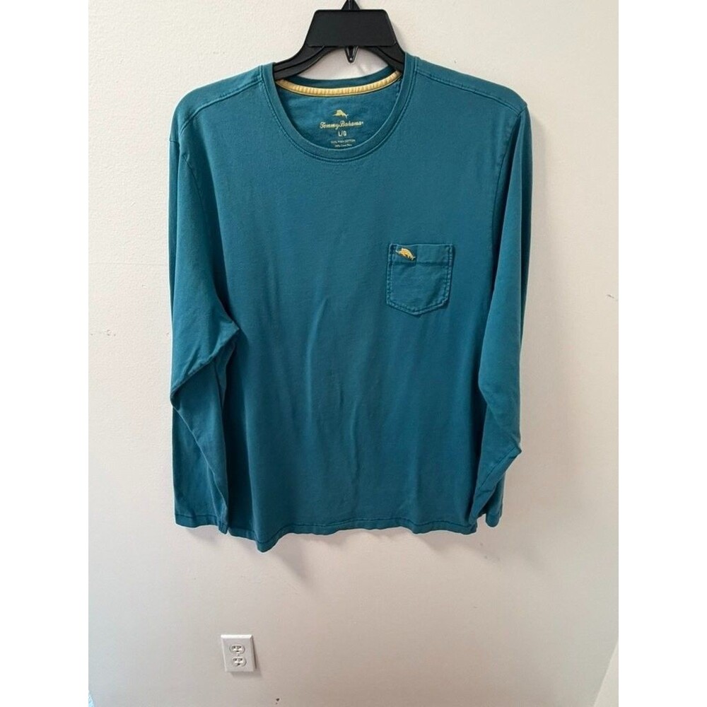 Tommy Bahama Bali Skyline Mens L Blue T-Shirt Contrast Neck Tape